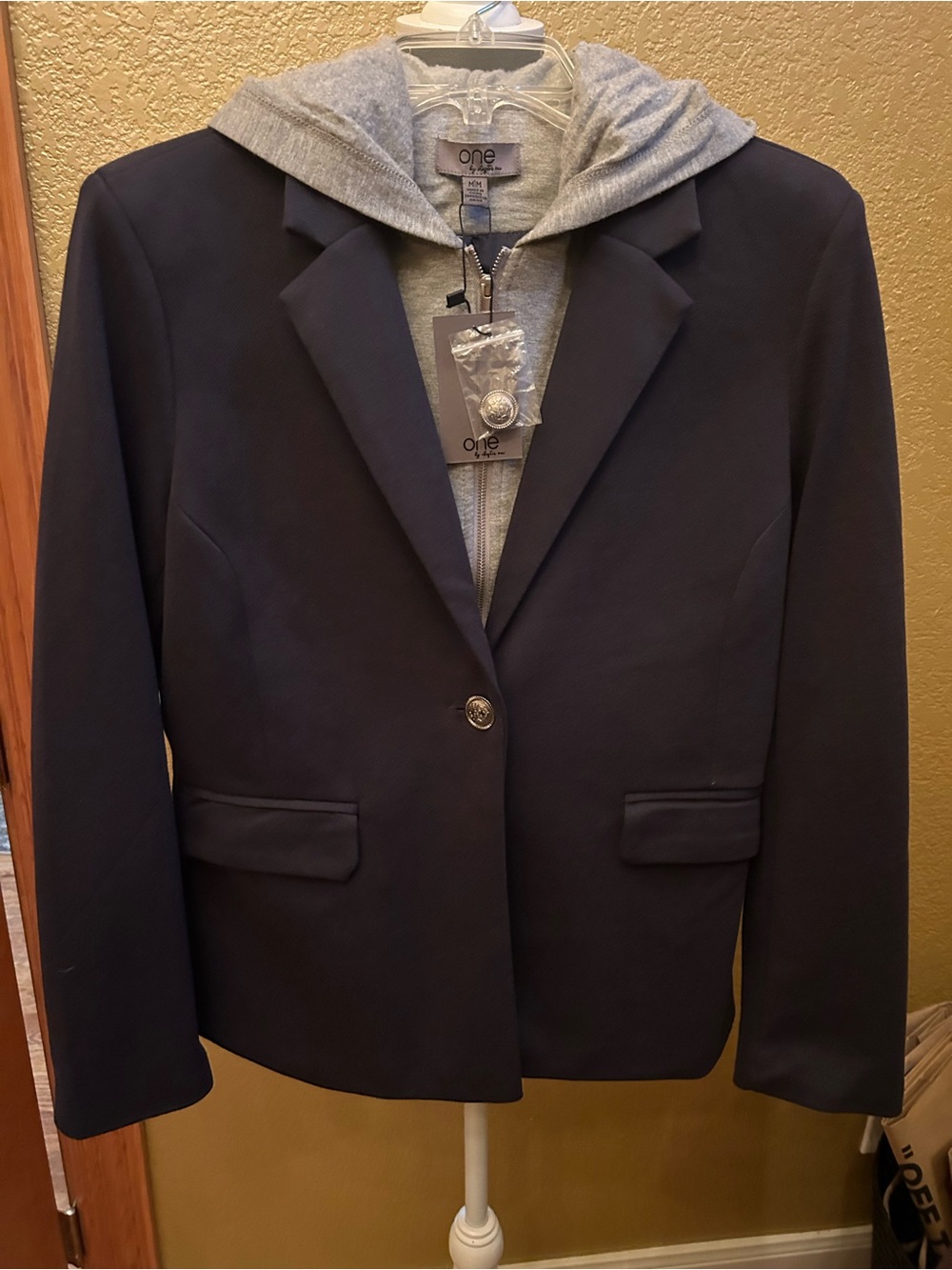 One Clothing Navy Blazer with Light Gray Hooded Liner